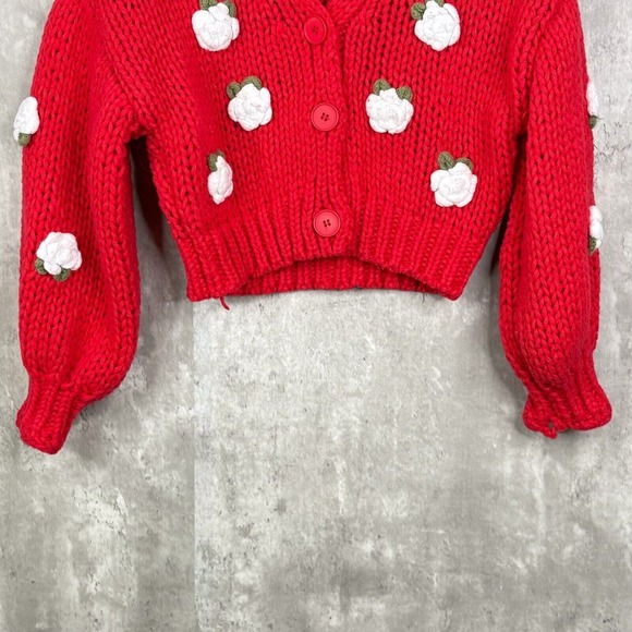 Pretty Garbage Sweater Womens Size Small Red Chunky Knit Button Front Flowers - Picture 4 of 5